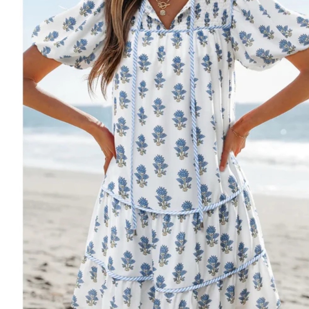 Floral Blue and white Colorblock dress